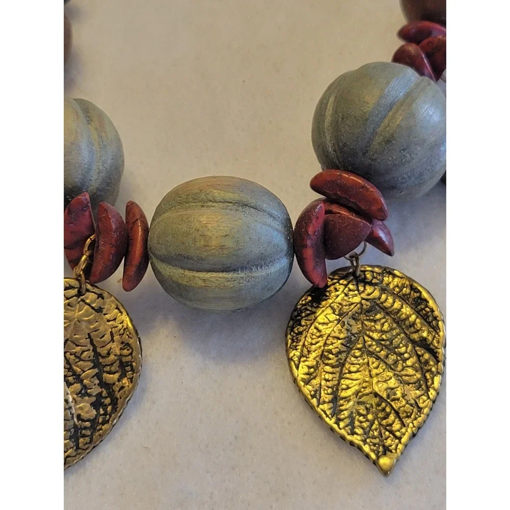 Beaded Leaf Necklace Boho Cottagecore Nature Statement Yellow Gold Tone